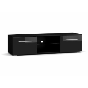 Meuble TV design LEON 140 cm. 2 portes et niche coloris noir et brillant