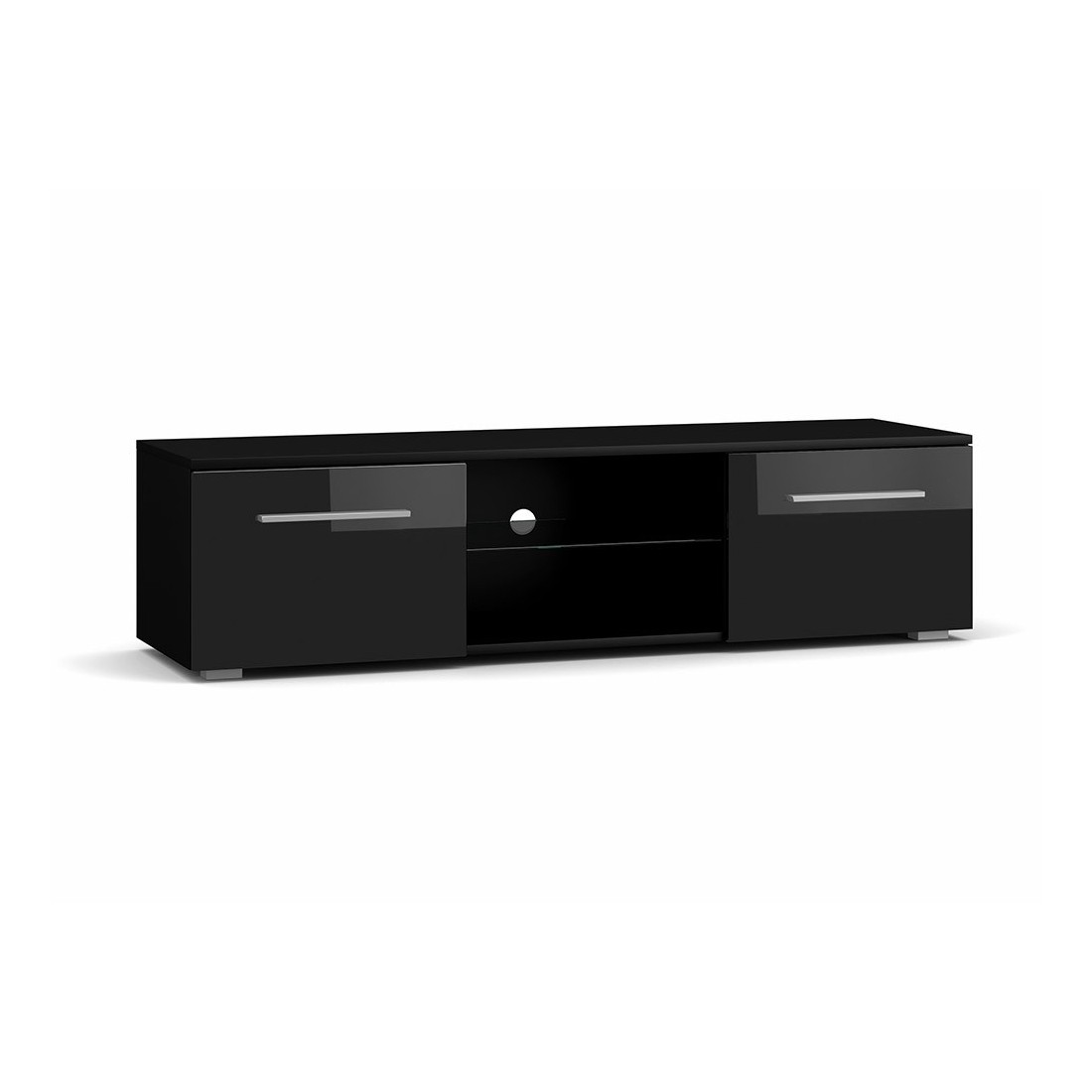 Meuble TV design LEON 140 cm. 2 portes et niche coloris noir et brillant