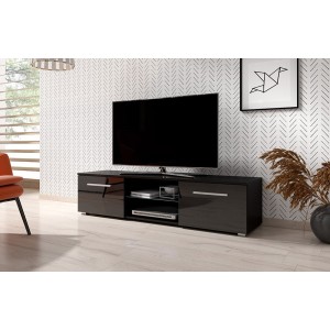 Meuble TV design LEON 140 cm. 2 portes et niche coloris noir et brillant