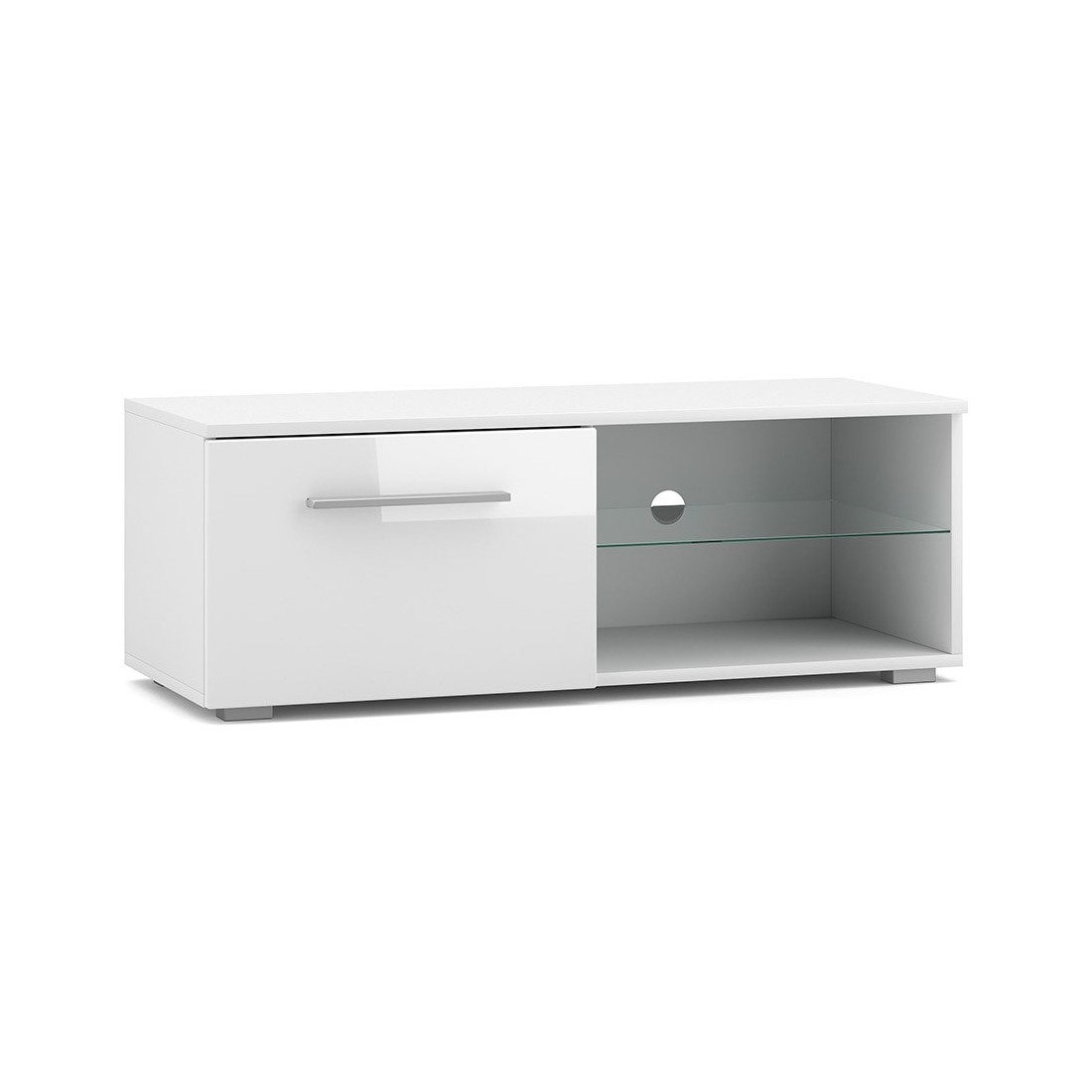 Meuble TV design LEON II 100 cm, 1 porte et 2 niches, coloris blanc et blanc brillant