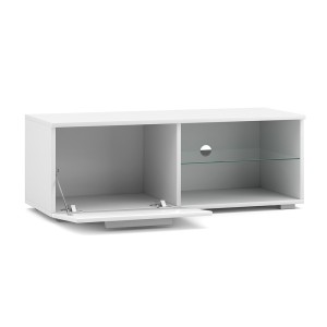 Meuble TV design LEON II 100 cm, 1 porte et 2 niches, coloris blanc et blanc brillant