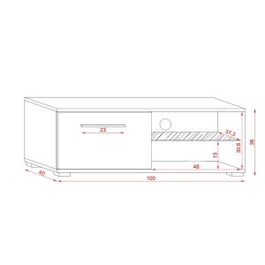 Meuble TV design LEON II 100 cm, 1 porte et 2 niches, coloris blanc et blanc brillant