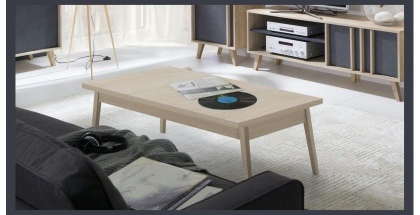 Table basse MALMO 135cm chêne clair vue dans un décor 3D
