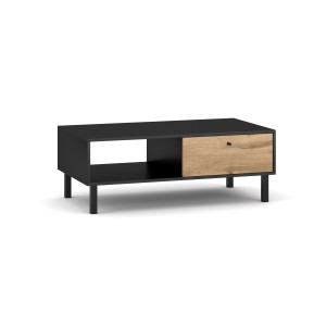 Table basse industrielle SPEBO 1 tiroir et 1 niche, coloris noir mat et chêne wotan
