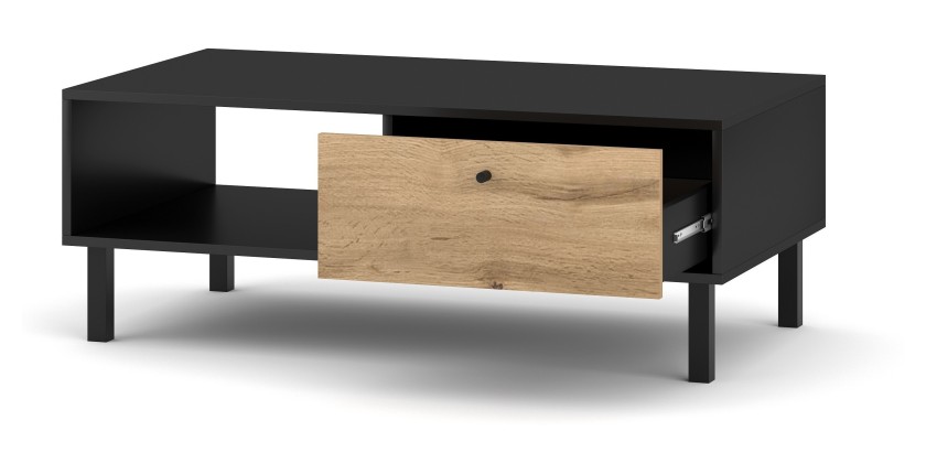 Table basse industrielle SPEBO 1 tiroir et 1 niche, coloris noir mat et chêne wotan