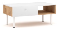 Table basse moderne RULIA 1 tiroir et 1 niche, coloris chêne et blanc mat