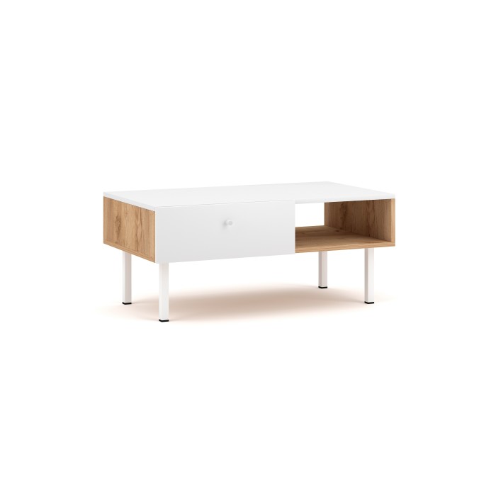 Table basse moderne RULIA 1 tiroir et 1 niche, coloris chêne et blanc mat
