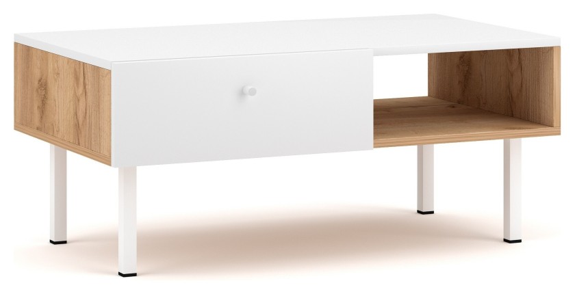 Table basse moderne RULIA 1 tiroir et 1 niche, coloris chêne et blanc mat