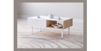 Table basse moderne RULIA 1 tiroir et 1 niche, coloris chêne et blanc mat