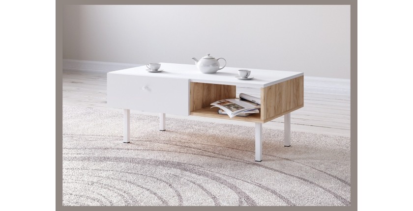 Table basse moderne RULIA 1 tiroir et 1 niche, coloris chêne et blanc mat