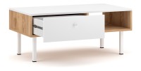 Table basse moderne RULIA 1 tiroir et 1 niche, coloris chêne et blanc mat