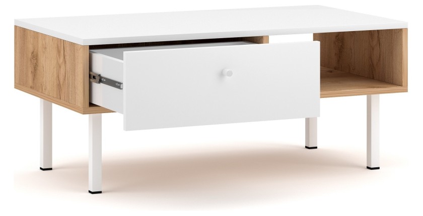 Table basse moderne RULIA 1 tiroir et 1 niche, coloris chêne et blanc mat