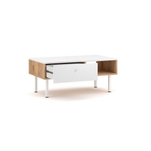 Table basse moderne RULIA 1 tiroir et 1 niche, coloris chêne et blanc mat