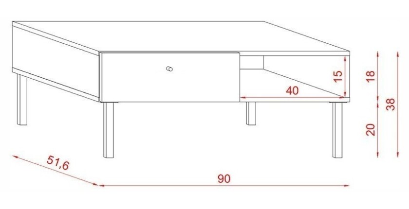 Table basse moderne RULIA 1 tiroir et 1 niche, coloris chêne et blanc mat