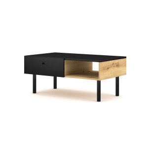 Table basse moderne RULIA 1 tiroir et 1 niche, coloris chêne et noir mat