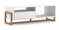 Table basse design GEILO 1 tiroir et 2 niches, coloris hêtre et blanc mat