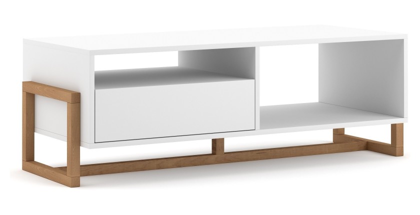 Table basse design GEILO 1 tiroir et 2 niches, coloris hêtre et blanc mat