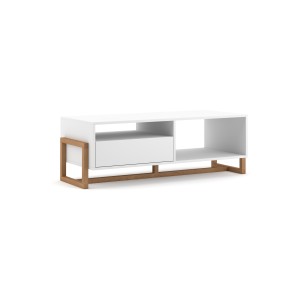 Table basse design GEILO 1 tiroir et 2 niches, coloris hêtre et blanc mat