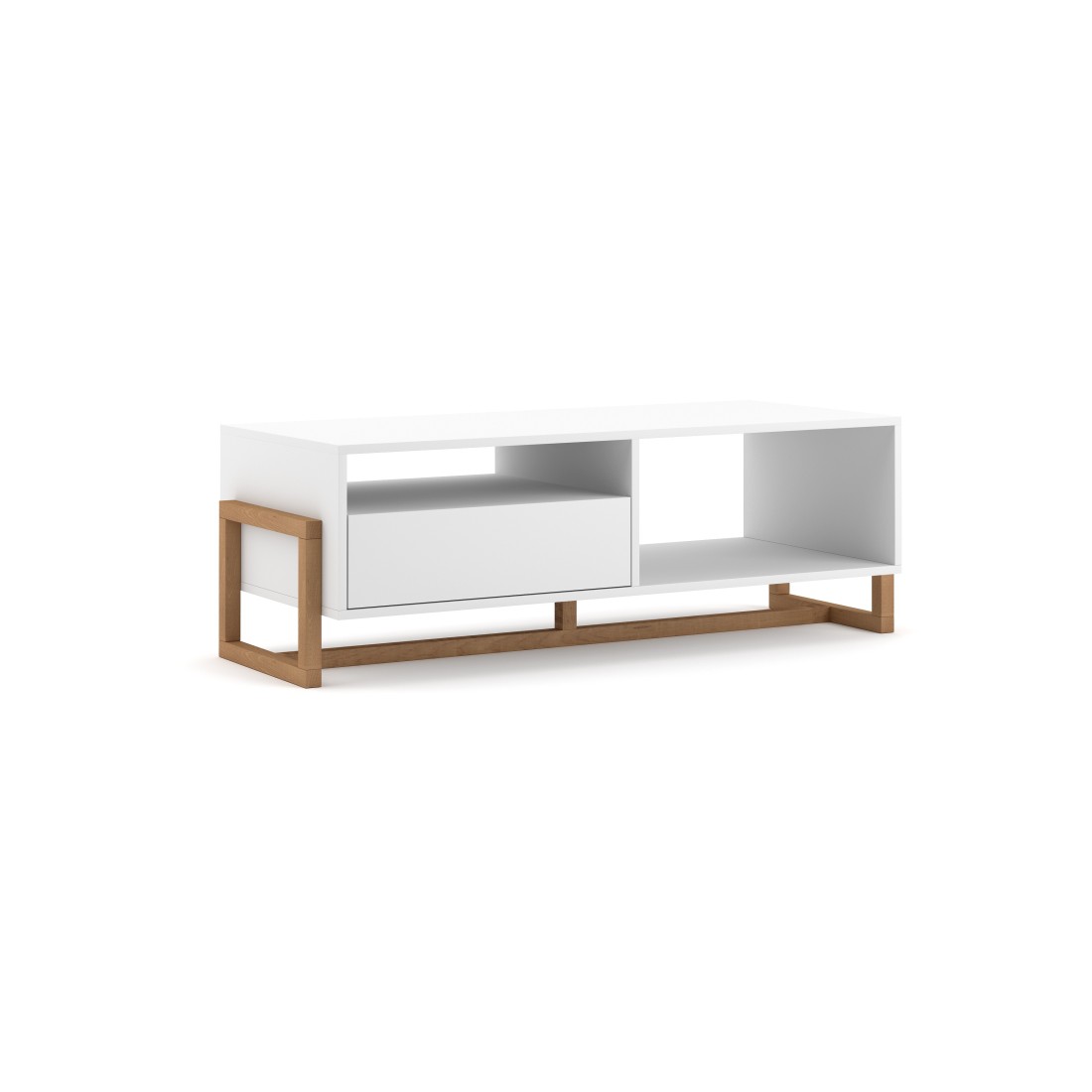 Table basse design GEILO 1 tiroir et 2 niches, coloris hêtre et blanc mat