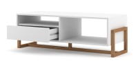 Table basse design GEILO 1 tiroir et 2 niches, coloris hêtre et blanc mat