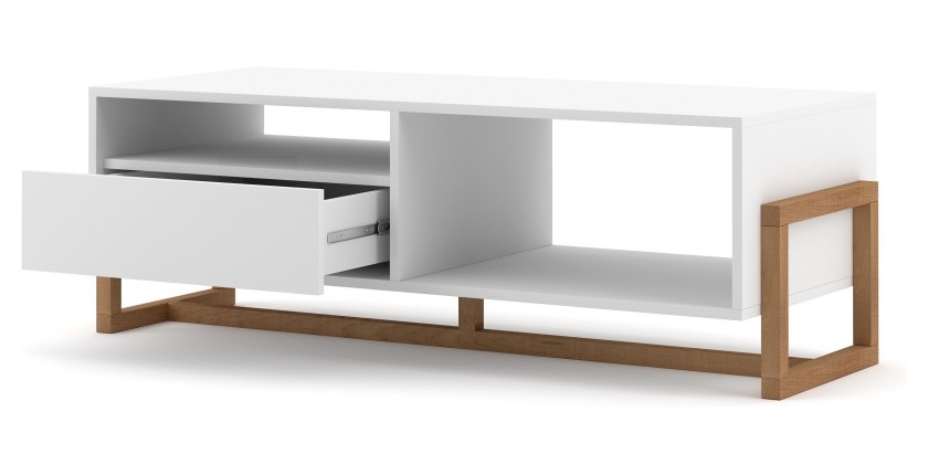 Table basse design GEILO 1 tiroir et 2 niches, coloris hêtre et blanc mat