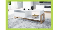 Table basse design GEILO 1 tiroir et 2 niches, coloris hêtre et blanc mat