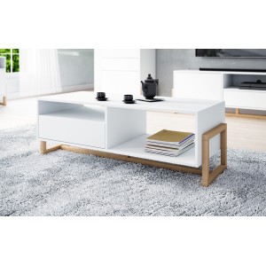 Table basse design GEILO 1 tiroir et 2 niches, coloris hêtre et blanc mat