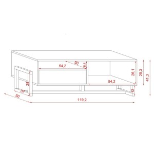 Table basse design GEILO 1 tiroir et 2 niches, coloris hêtre et blanc mat