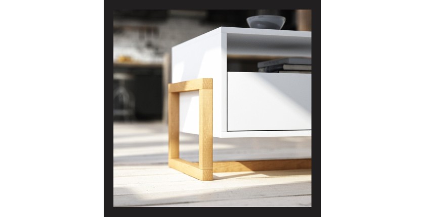 Table basse design GEILO 1 tiroir et 2 niches, coloris hêtre et blanc mat