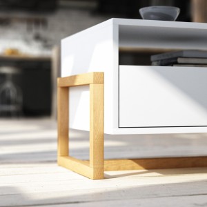 Table basse design GEILO 1 tiroir et 2 niches, coloris hêtre et blanc mat