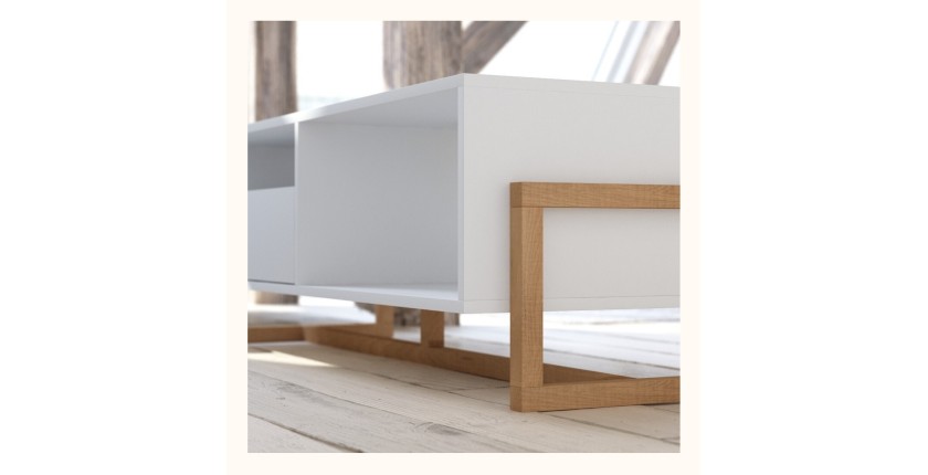Table basse design GEILO 1 tiroir et 2 niches, coloris hêtre et blanc mat
