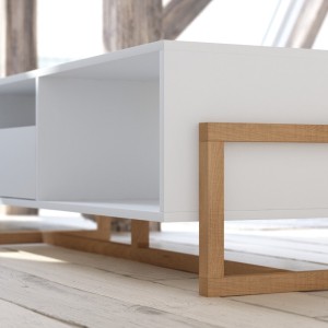 Table basse design GEILO 1 tiroir et 2 niches, coloris hêtre et blanc mat