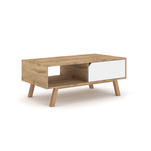 Table basse design AOMORI 1 tiroir et 1 niche, coloris chêne et blanc mat