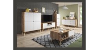 Table basse design AOMORI 1 tiroir et 1 niche, coloris chêne et blanc mat