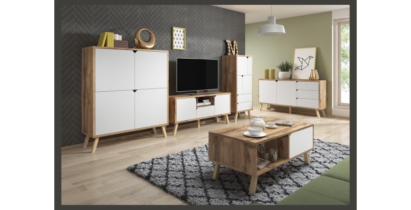 Table basse design AOMORI 1 tiroir et 1 niche, coloris chêne et blanc mat