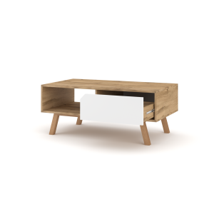Table basse design AOMORI 1 tiroir et 1 niche, coloris chêne et blanc mat