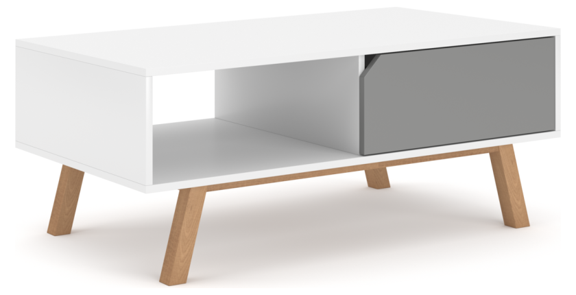 Table basse design AOMORI 1 tiroir et 1 niche, coloris blanc et gris mat
