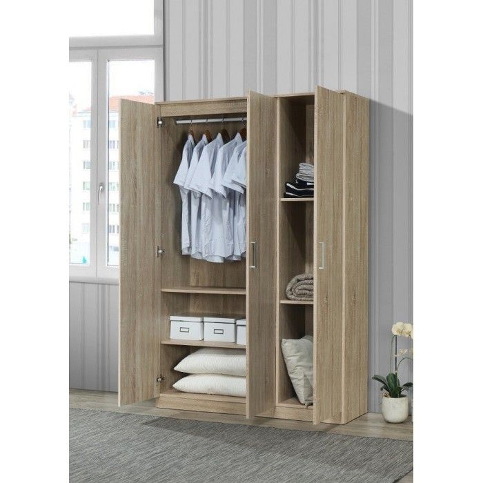 Armoire\Garde robe BARTIN, 3 portes, contemporaine chêne Sonoma et poignées grises.