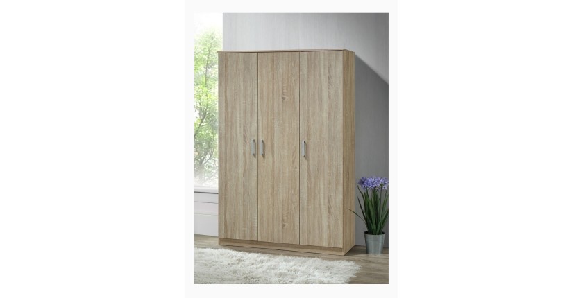 Armoire\Garde robe BARTIN, 3 portes, contemporaine chêne Sonoma et poignées grises.