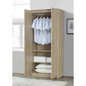 Armoire \ Garde robe SAVIS, 2 portes, contemporaine chêne Sonoma et poignées grises.