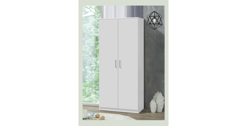 Armoire\Garde robe PONIS, 2 portes, contemporaine blanche et poignées grises.