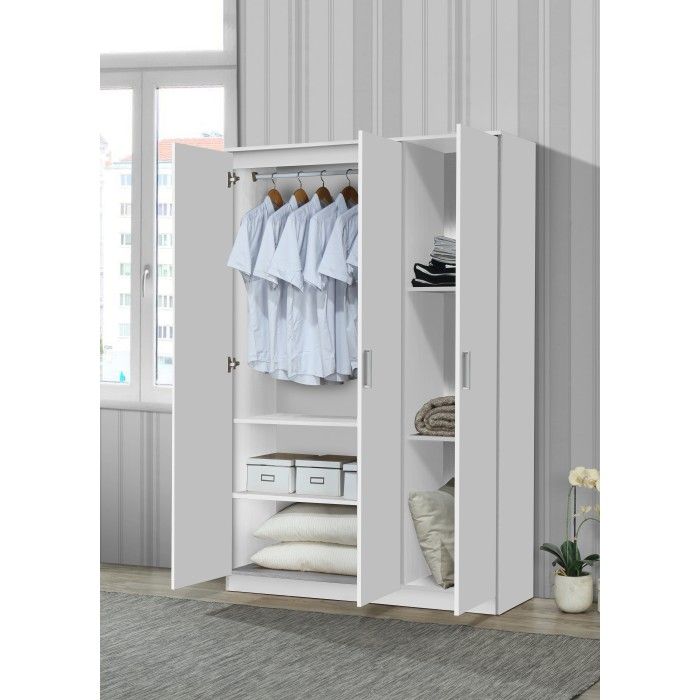 Armoire\Garde robe BURDUR, 3 portes, contemporaine blanche et poignées grises.