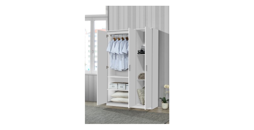 Armoire\Garde robe BURDUR, 3 portes, contemporaine blanche et poignées grises.