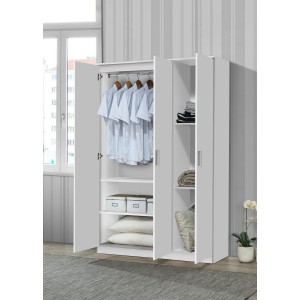Armoire\Garde robe BURDUR, 3 portes, contemporaine blanche et poignées grises.