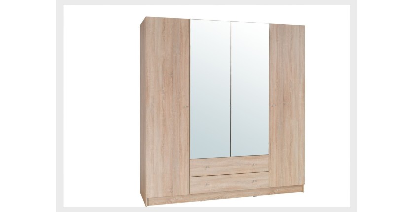 Armoire 4 portes de 2 mètres avec miroirs pour chambre à coucher MAXIM coloris dab sonoma.