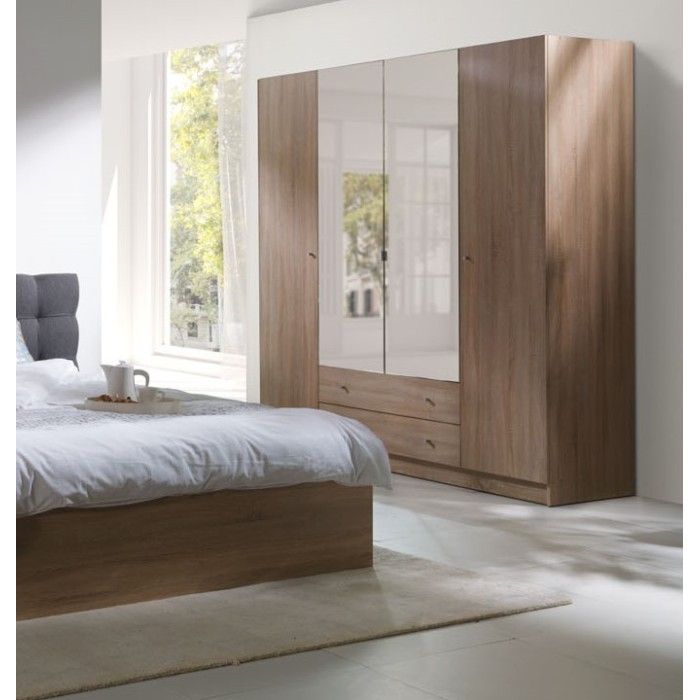 Armoire 4 portes de 2 mètres avec miroirs pour chambre à coucher MAXIM coloris dab sonoma.