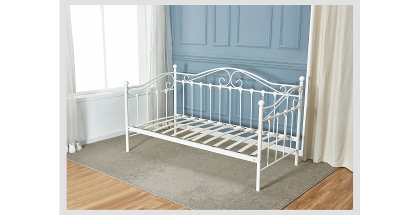 Lit design blanc AMELIE 90x200 cm une place, avec sommier, pour une chambre adulte ou ado.