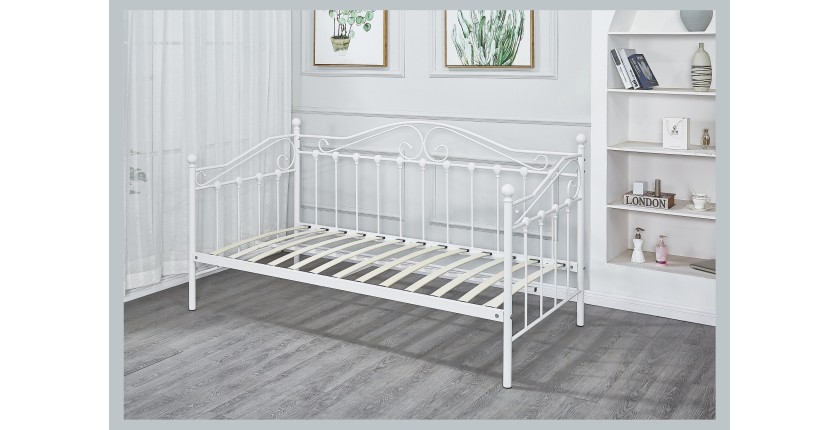 Lit design blanc AMELIE 90x200 cm une place, avec sommier, pour une chambre adulte ou ado.