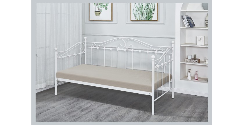 Lit design blanc AMELIE 90x200 cm une place, avec sommier, pour une chambre adulte ou ado.