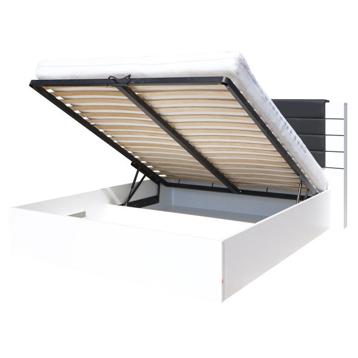 Lit double 180 cm avec option coffre LINA. Coloris noir et blanc brillant avec une finition en simili cuir. Sommier inclus